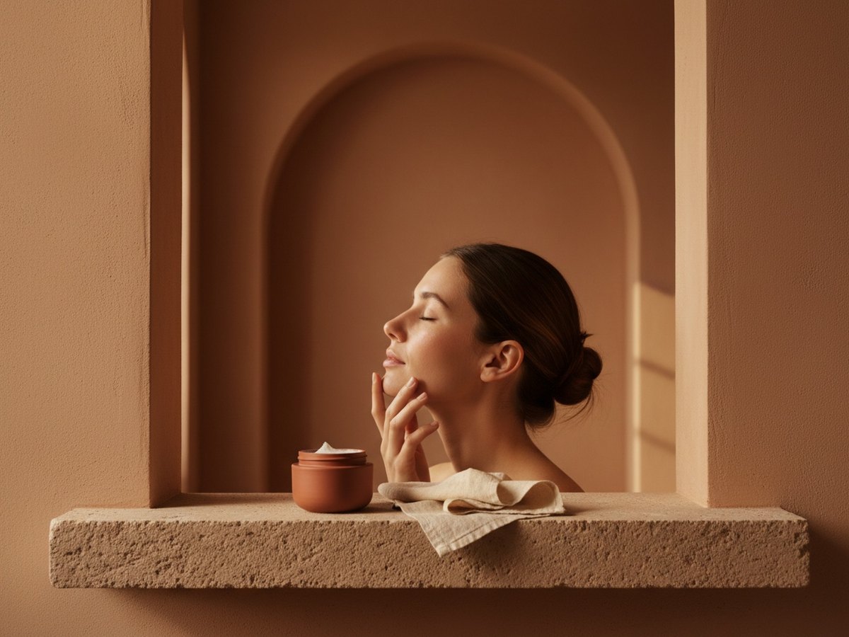 Femme appliquant une crème hydratante sur son visage devant un pot de soin