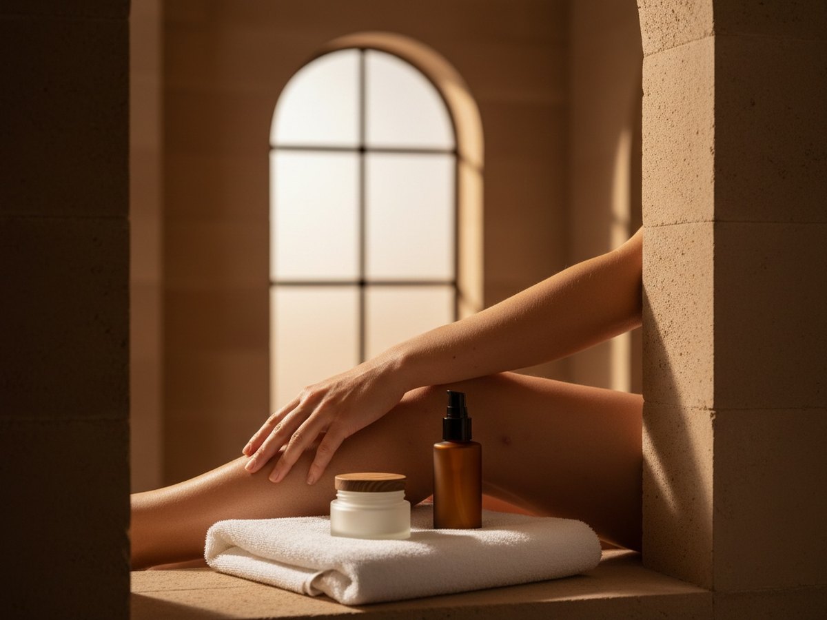 Bras et cuisse présentant de petites rugosités cutanées, avec un soin hydratant posé à côté