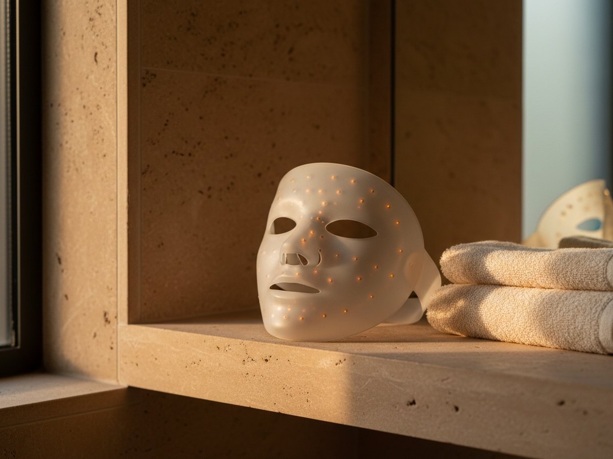 Masque de luminothérapie en silicone posé sur une étagère de salle de bain