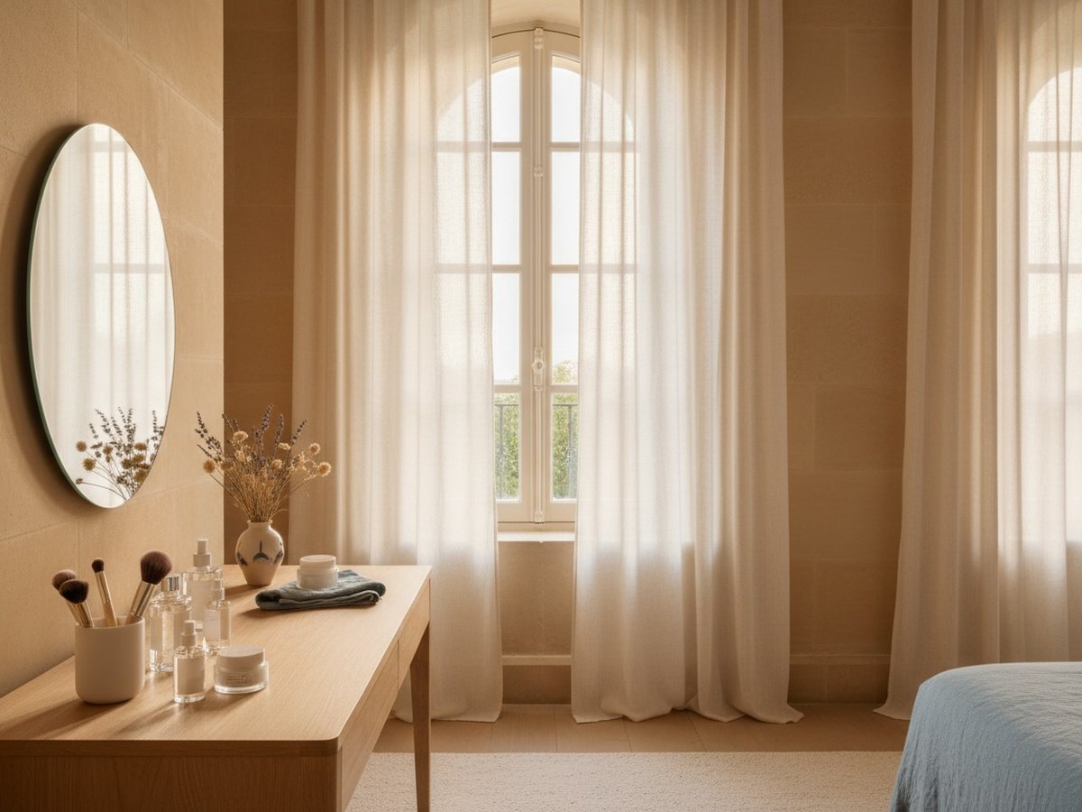 Coiffeuse lumineuse avec flacons de soin, pinceaux de maquillage et miroir rond près d'une fenêtre