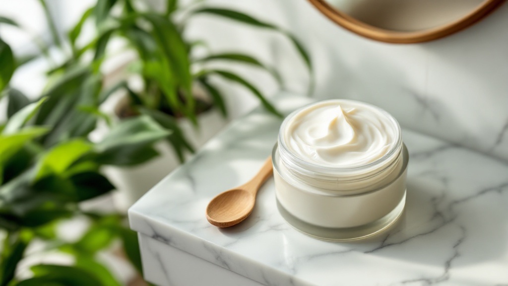 Un pot de crème blanc avec une cuillère en bois sur une surface en marbre, entouré de plantes vertes.