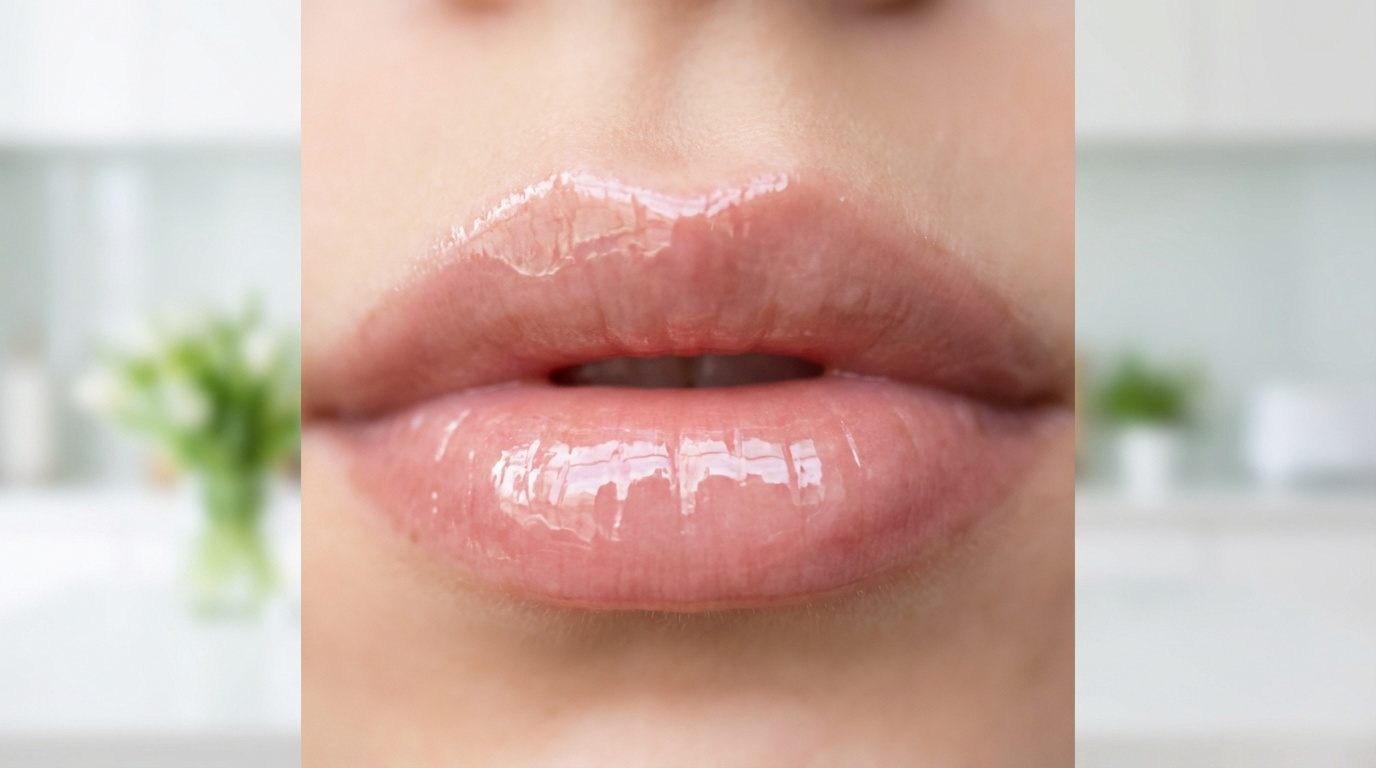 Gros plan sur une bouche aux lèvres roses naturellement maquillées avec un gloss transparent, les rendant pulpeuses et hydratées.